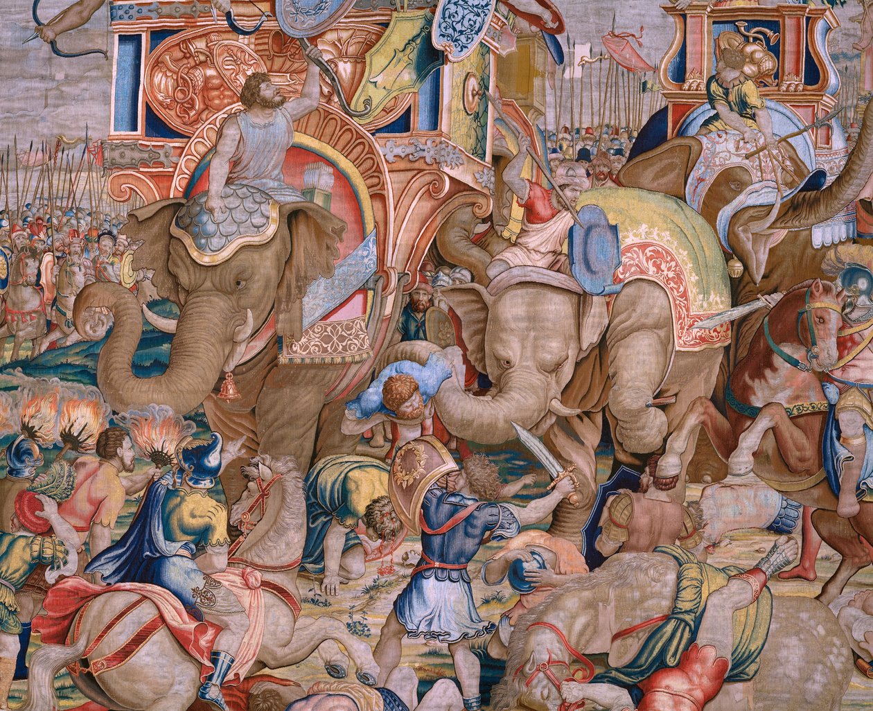 Vlámský gobelín. Seriál Akty Scipia. Bitva u Zamy. Karikaturista Giulio Romano. Ateliér Balthasara van Vlierdena (?), Brusel. 1523-1532. Detail. od Giulio Romano