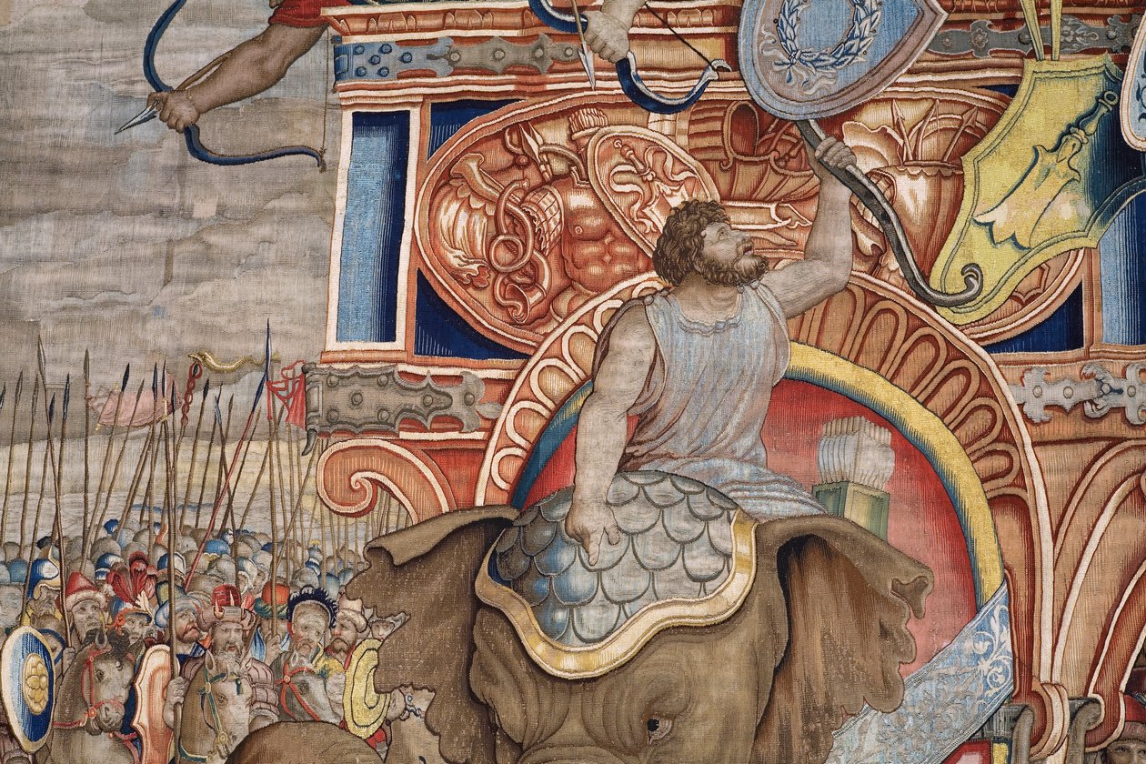 Vlámský gobelín. Seriál Akty Scipia. Bitva u Zamy. Karikaturista Giulio Romano. Ateliér Balthasara van Vlierdena (?), Brusel. 1523-1532. Detail. od Giulio Romano