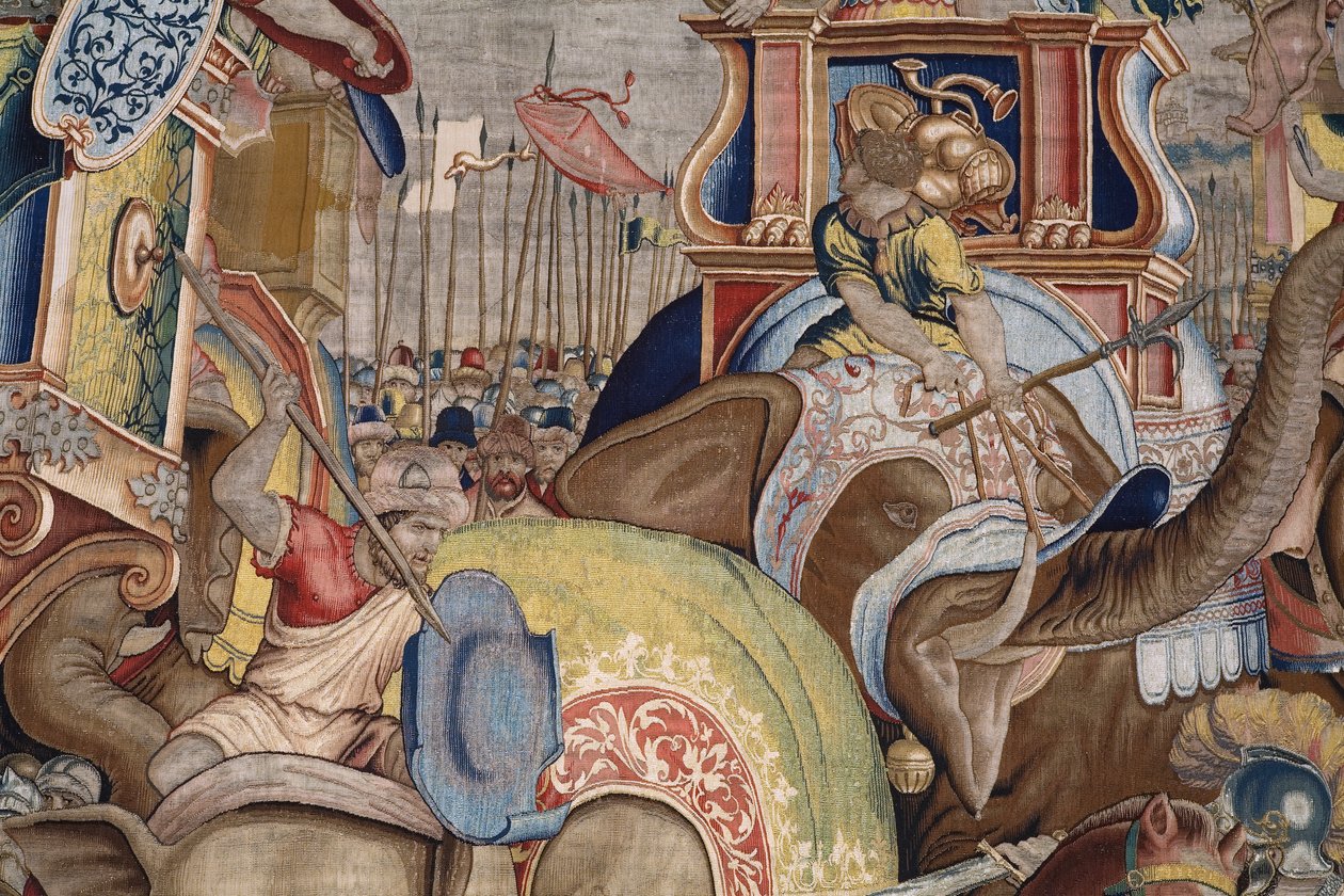 Vlámský gobelín. Seriál Akty Scipia. Bitva u Zamy. Karikaturista Giulio Romano. Ateliér Balthasara van Vlierdena (?), Brusel. 1523-1532. Detail. od Giulio Romano