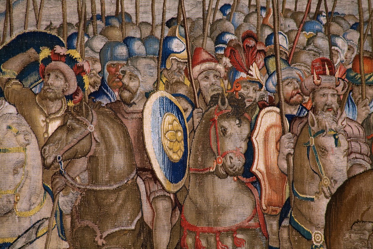 Vlámský gobelín. Série The Acts of Scipio: Bitva u Zamy. Karikaturista Giulio Romano. Ateliér Balthasara van Vlierdena (?), Brusel. 1523-1532. Detail. od Giulio Romano