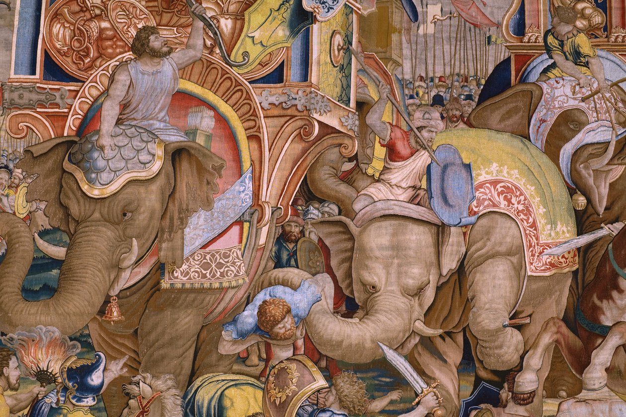 Vlámský gobelín. Série The Acts of Scipio: Bitva u Zamy. Karikaturista Giulio Romano. Ateliér Balthasara van Vlierdena (?), Brusel. 1523-1532. Detail. od Giulio Romano