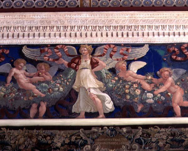 Vlys z „Camera con Fregio di Amorini“ (Komora Amorova vlysu) detail anděla obklopeného amory jedícími ovoce od Giulio Romano