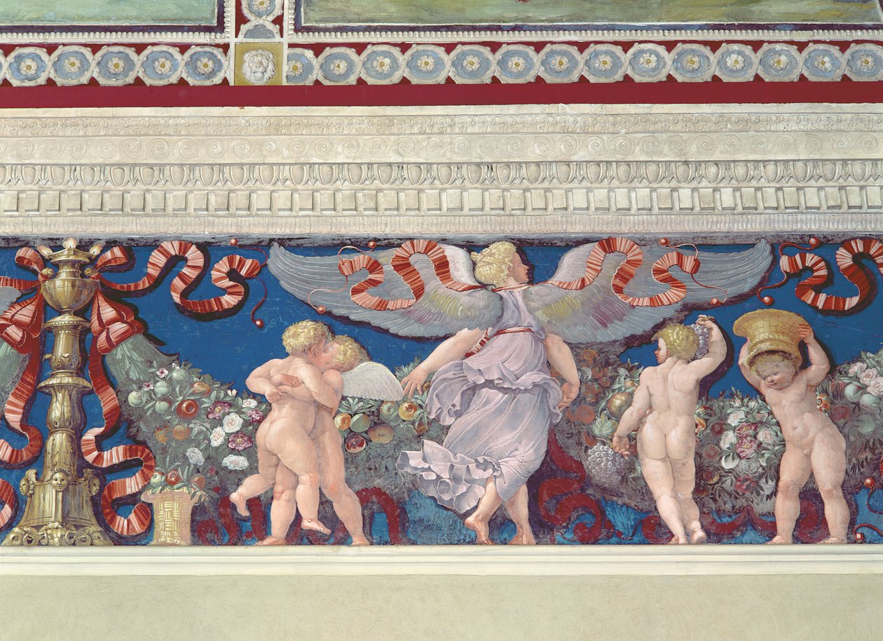 Frieze from the Camera con Fregio di Amorini Chamber of the Cupid Frieze detail of wrestling cupids, freska z 20. let 16. století od Giulio Romano
