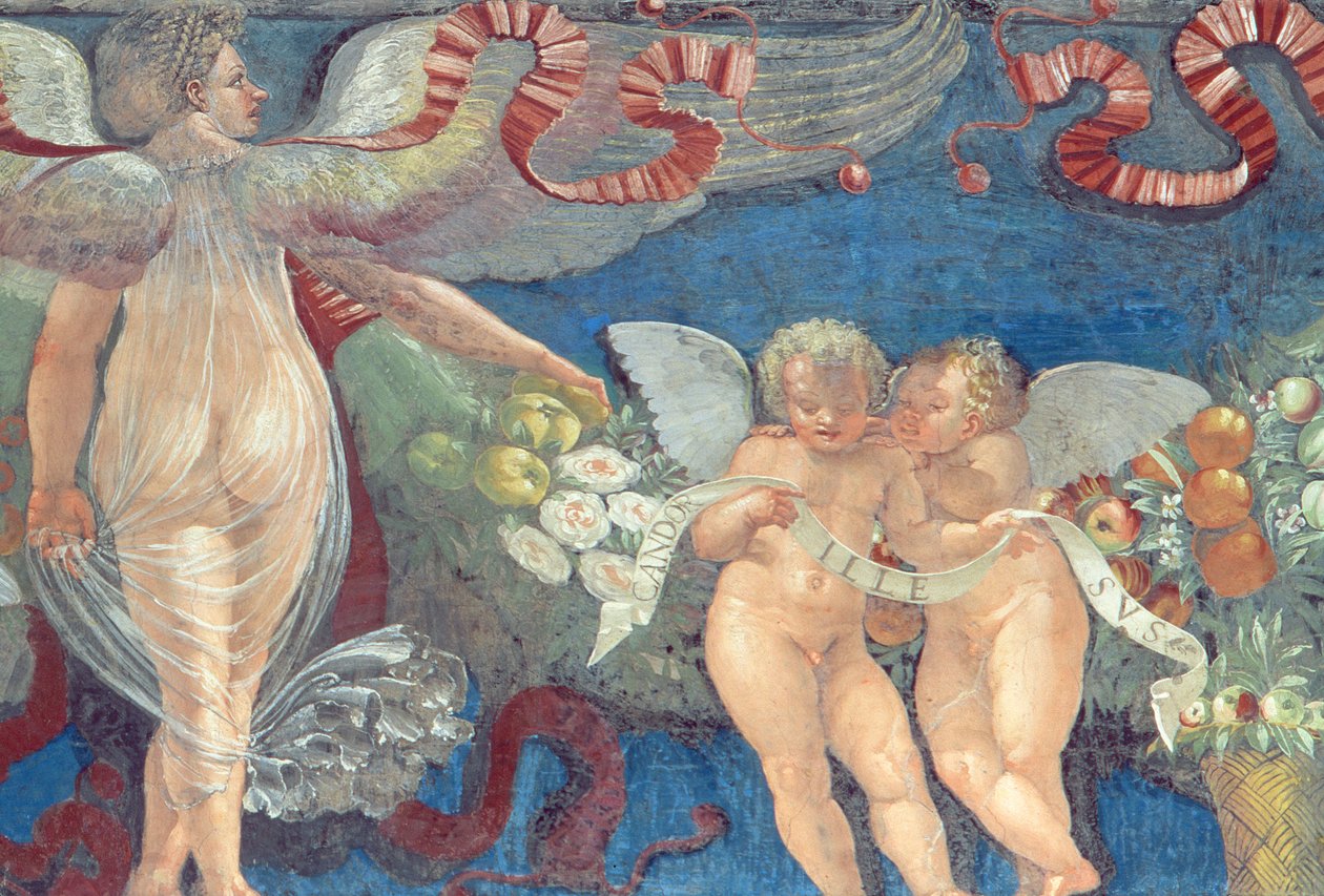 Vlys z Camera con Fregio di Amorini Komnata Amora Vlys detail dvou putti a anděla, 20. léta 15. století detail fresky 106218 od Giulio Romano