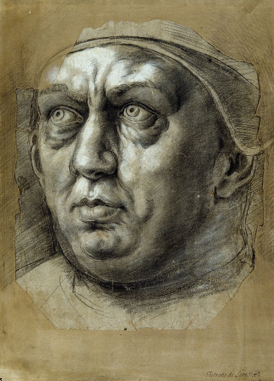 Hlava papeže Lva X (černé a bílé křídy na papíře) od Giulio Romano