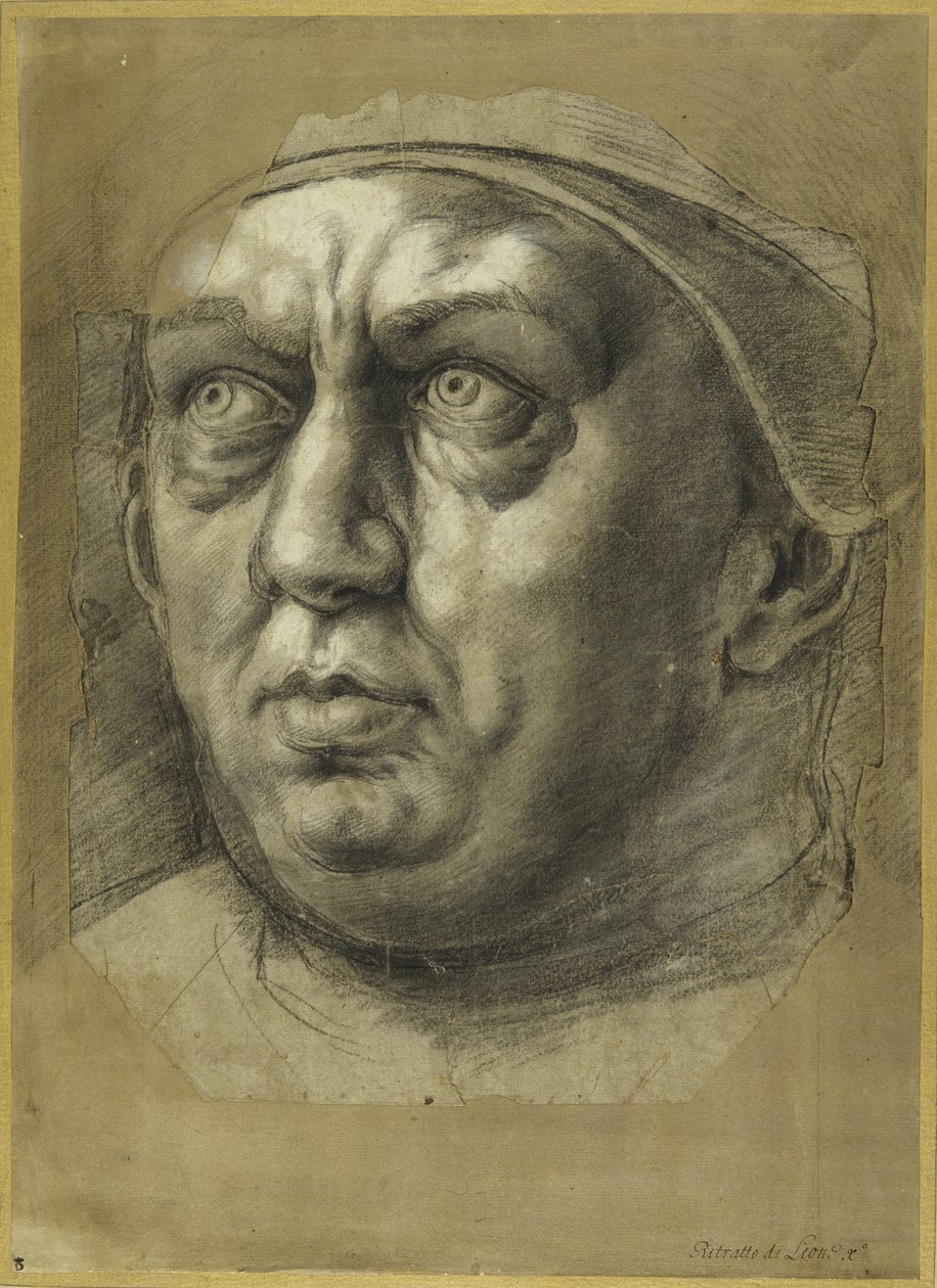 Hlava papeže Lva X (křída na papíře) od Giulio Romano