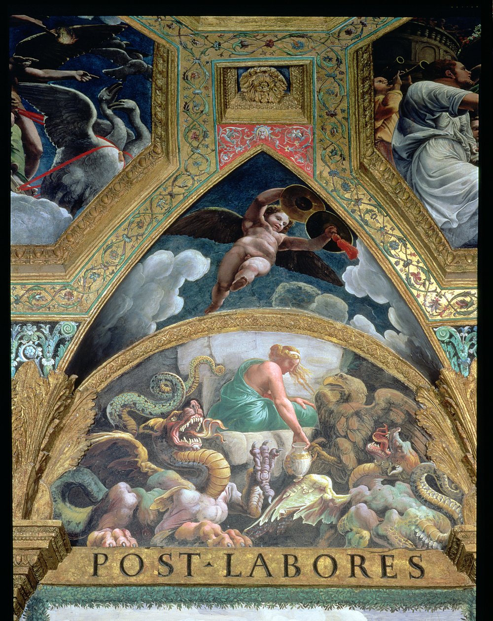 Luneta zobrazující Psyché, jak podstupuje utrpení, které Venuše připravila o získání nádoby s krásou Proserpiny z podsvětí, ze Sala di Amore e Psiche, 1528 detail fresky z 78427 od Giulio Romano