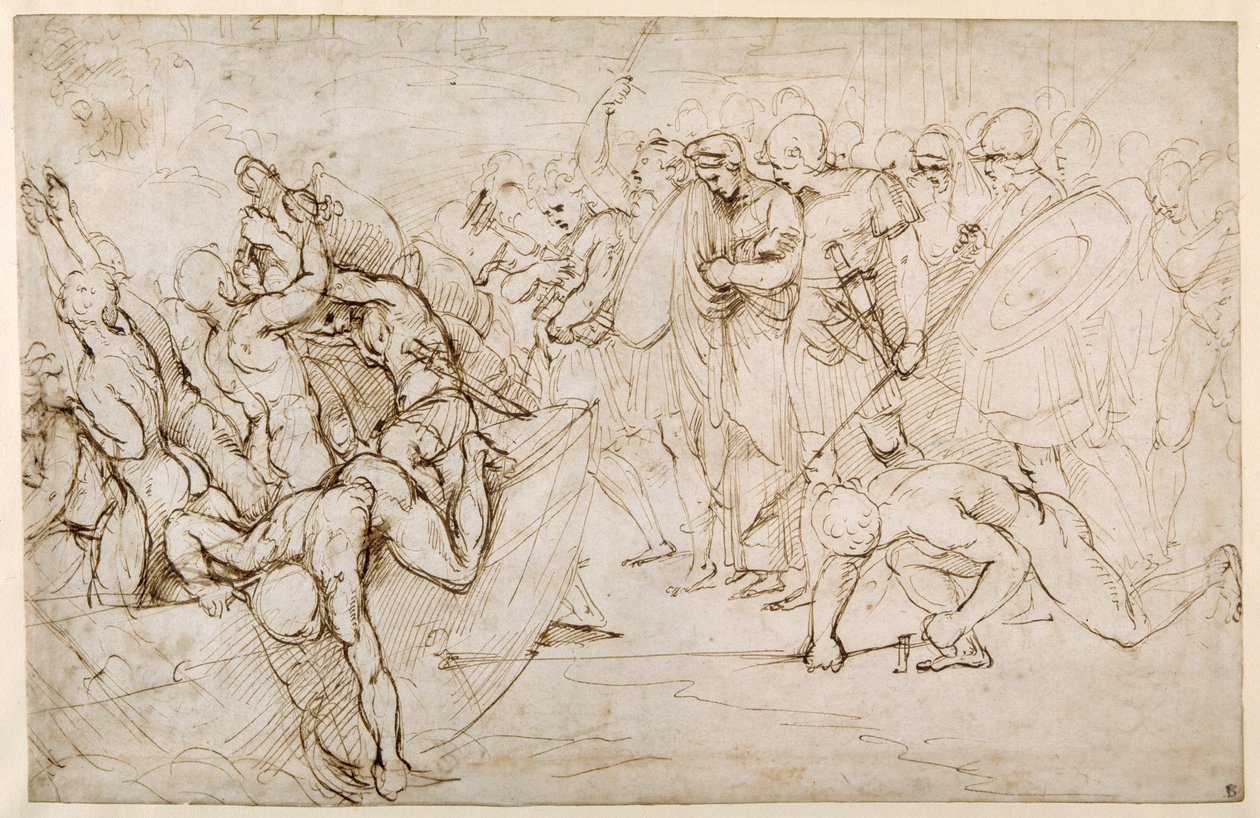 Neoptolemus odvádí Andromache do zajetí po pádu Tróje (pero a inkoust na papíře) od Giulio Romano