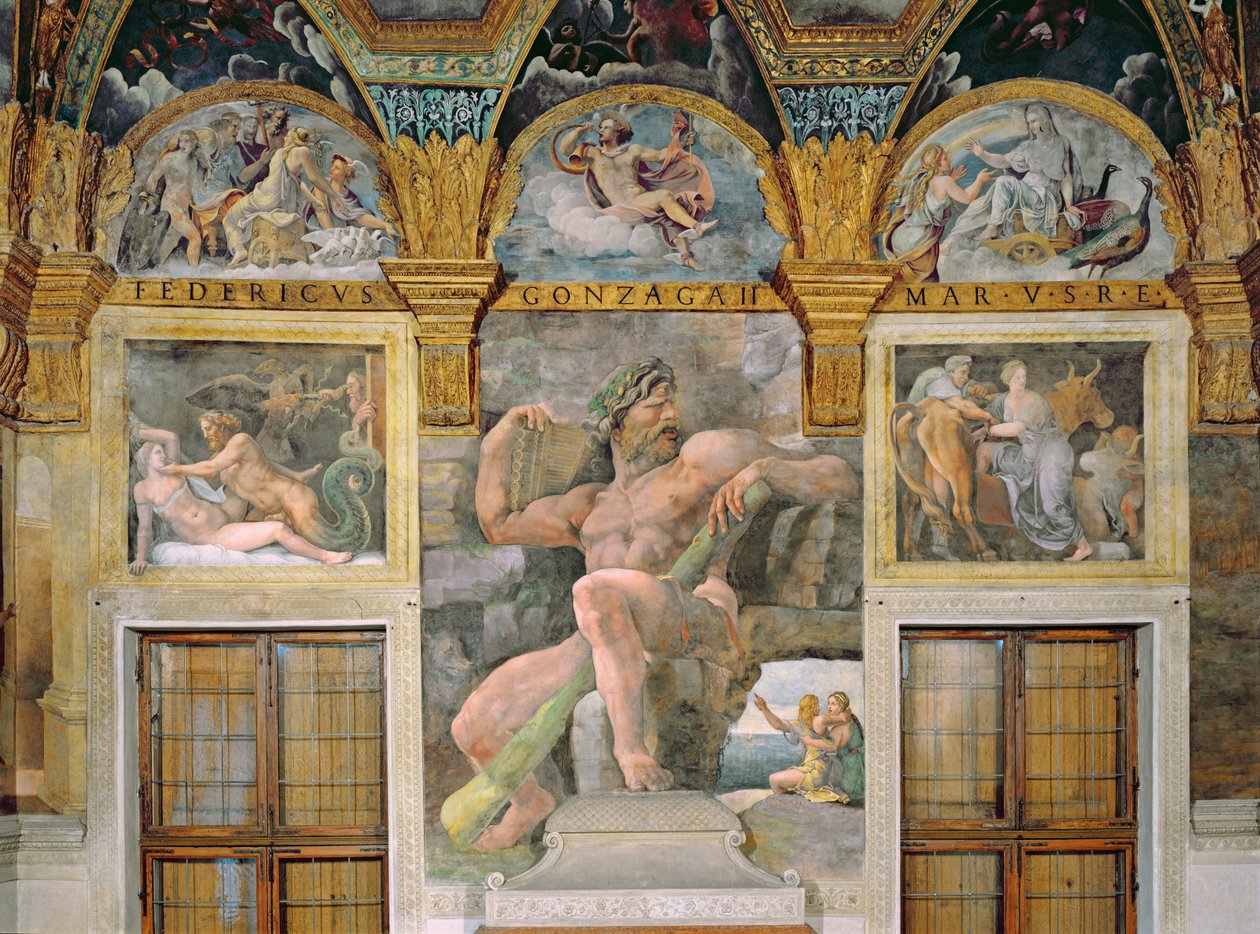 Olympia svedena Jupiterem, Polyphemus střežící Acis a Galateu, Pasiphae vstupující do krávy postavené Daedalem ze Sala di Amore e Psiche od Giulio Romano