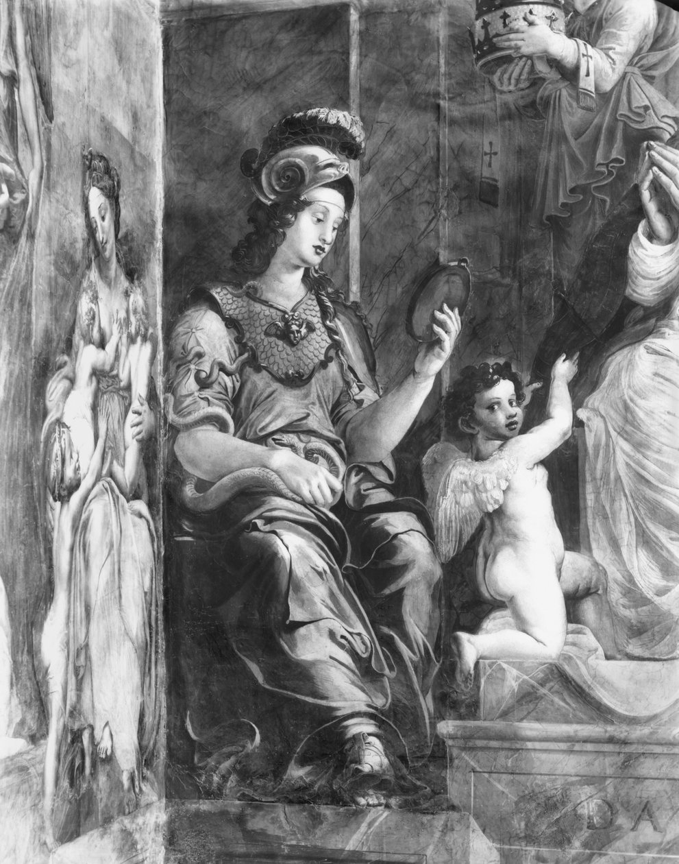 Prudence sedící vedle papeže Damase I. (c.304-384) Raphael Rooms (detail) (viz také 252795 a 252797) od Giulio Romano