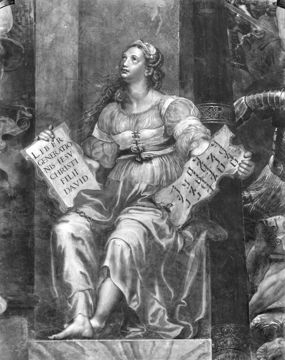 Náboženství, jedna ze dvou alegorických postav obklopujících papeže Silvestra I. (314-35) Raphael Rooms (detail) (viz také 252792 a 252793) od Giulio Romano