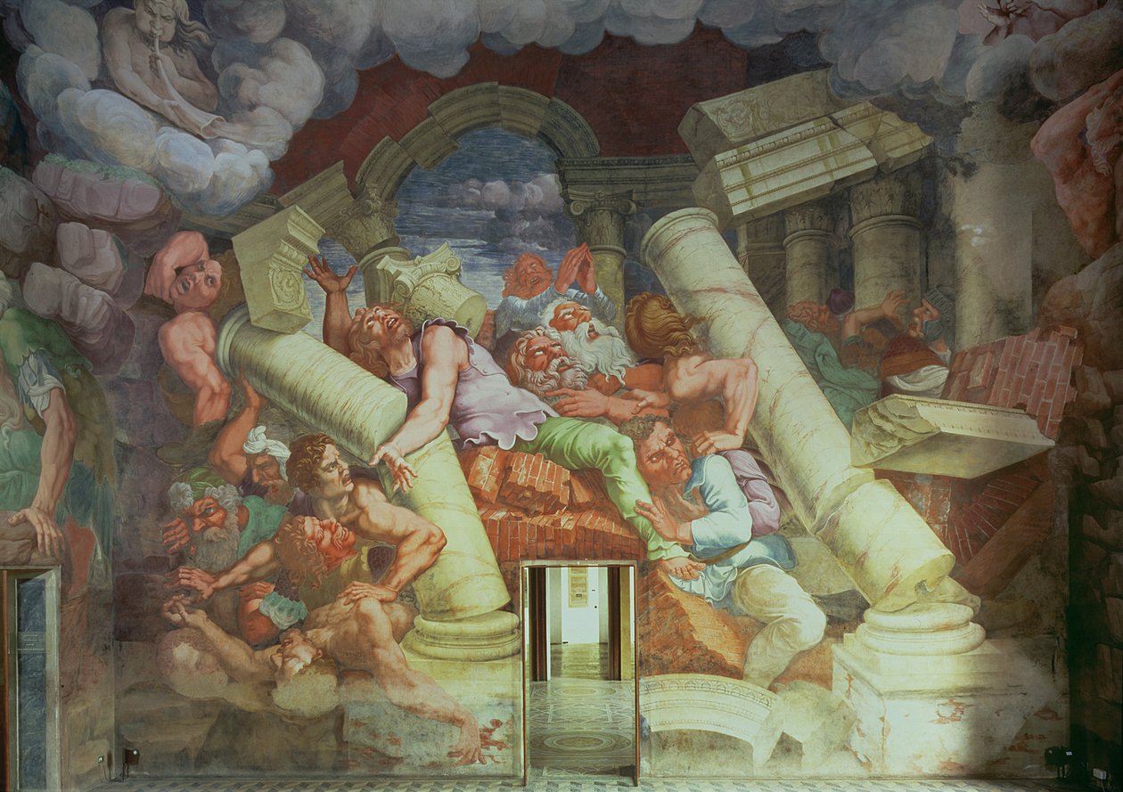 Sala dei Giganti, detail zničení obrů Jupiterovými blesky, 1536 freska pro detail viz 78488 od Giulio Romano