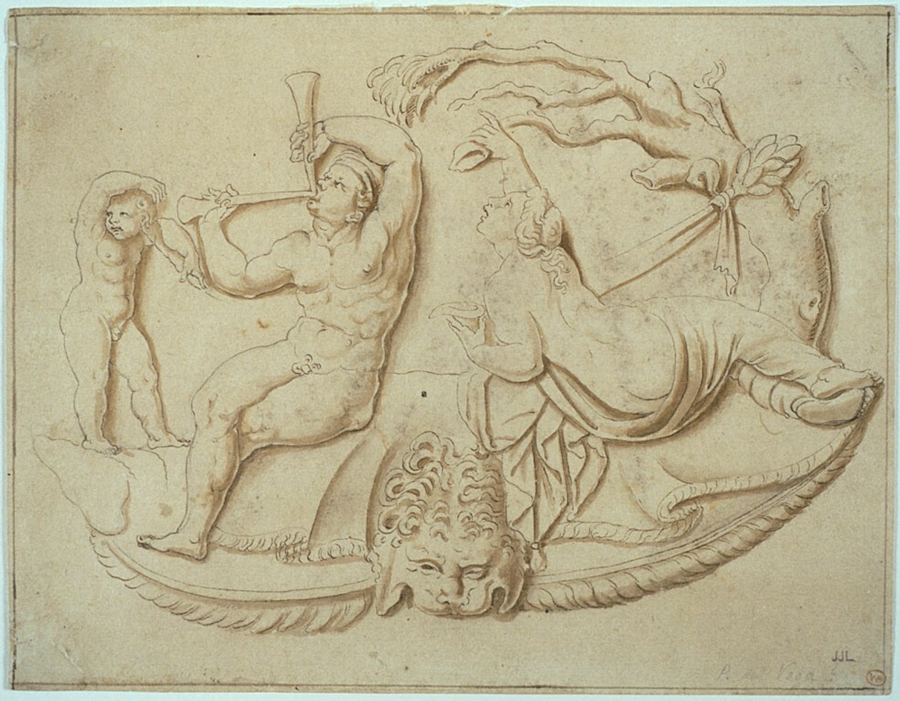 Satyr se dvěma dýmkami a Putto a žena beroucí nápoj ze stromu od Giulio Romano