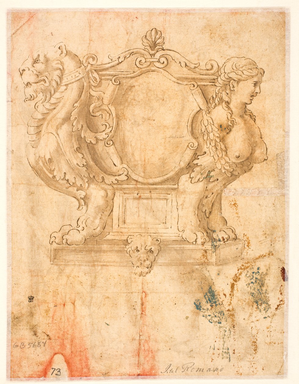Skulptierter Sarg oder Sarg mit leerem Wappenschild od Giulio Romano