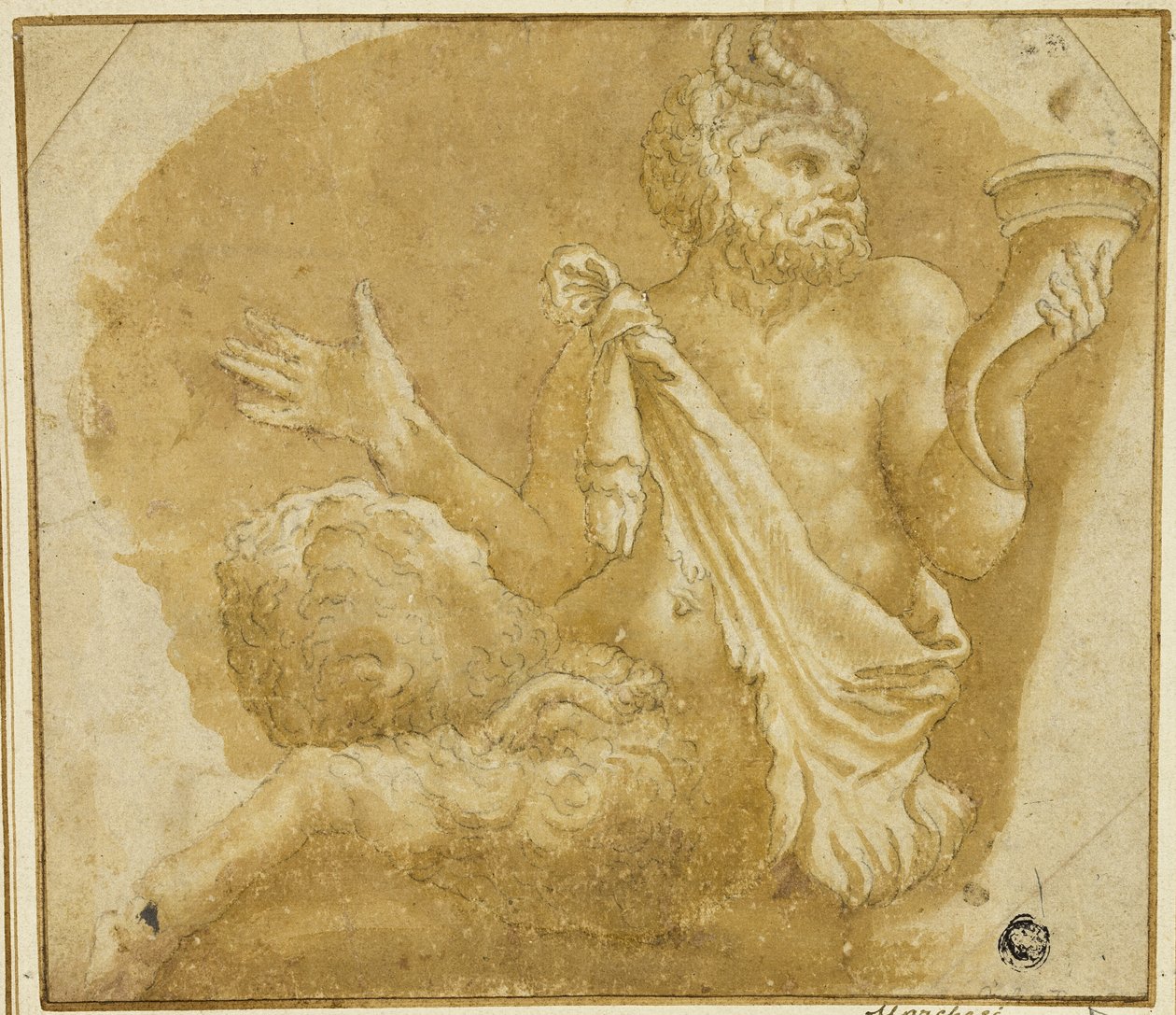 Sedící faun drží roh hojnosti (recto); Náčrt stromu a domu (verze) od Giulio Romano