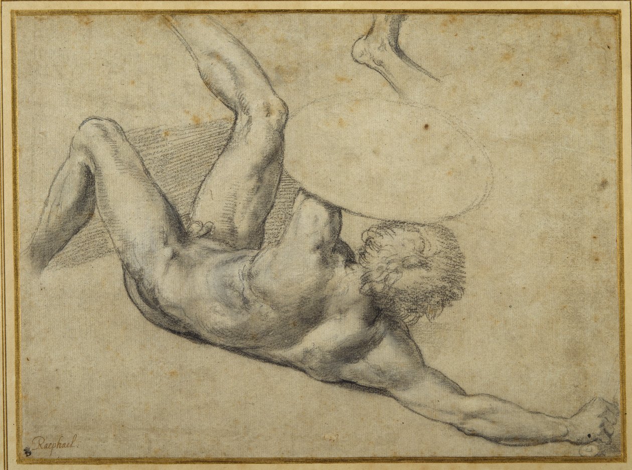 Studie pro válečníka padlého v ‚bitvě u Konstantina‘, Sala di Costantino (černá křída na bílém papíře) od Giulio Romano