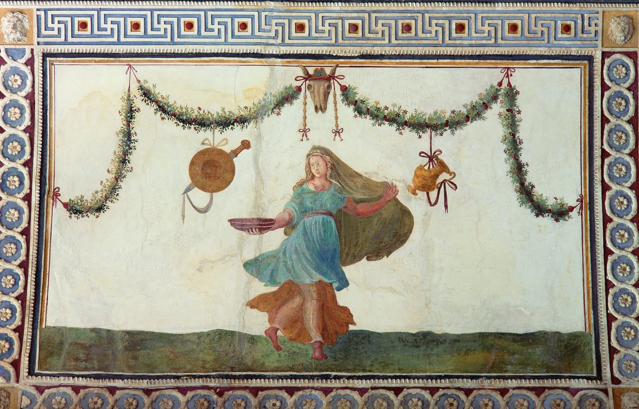 Camera con Fregio di Amorini Komnata Amora Frieze detail stropu zobrazující ženu držící mísu, freska z 20. let 16. století od Giulio Romano