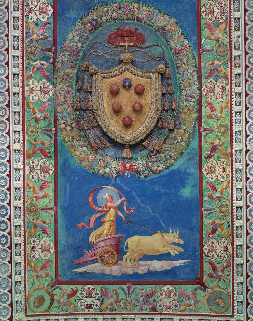 Camera con Fregio di Amorini Komnata Amorova vlys detail centrální plochy stropu zdobený reliéfem erbu Medicejských a alegorií noci, fresky a stu z 20. let 16. století od Giulio Romano