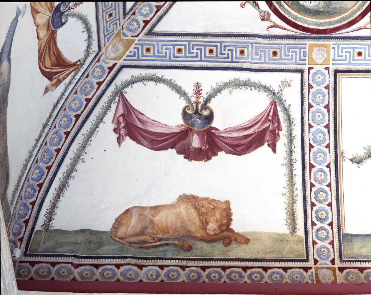 Camera con fregio di Amorini Komnata Amora Vlys detail spícího lva, freska z roku 1520 od Giulio Romano
