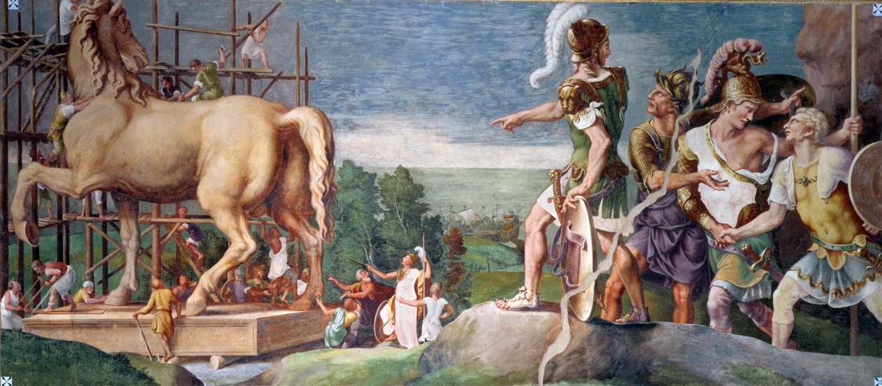 Konstrukce dřevěného trojského koně od Giulio Romano