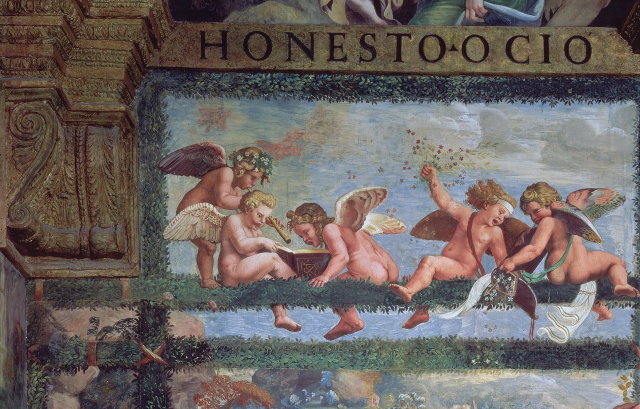 Rustikální hostina, detail muzicírujících putti, ze Sala di Amore e Psiche, 1528 detail fresky z 78428 od Giulio Romano