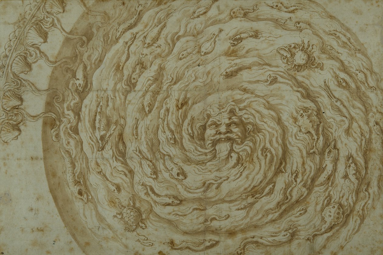 The Stream Oceanus (pero a hnědý inkoust s mytím na papíře) od Giulio Romano