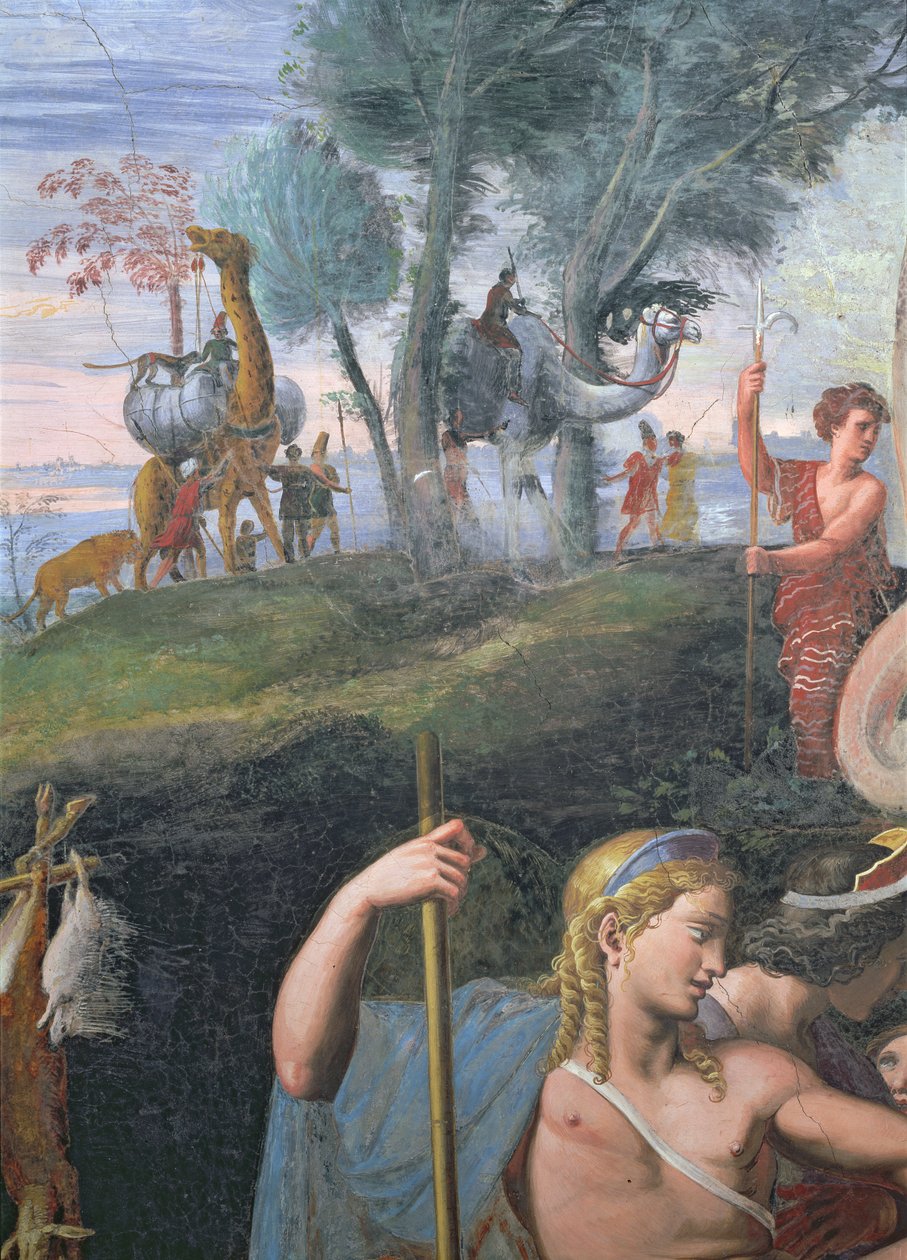 Vznešená hostina oslavující svatbu Amora a Psyché, detail zobrazující hlavu Apollóna s průvodem exotických zvířat v pozadí, ze Sala di Amore e Psiche, 1528 od Giulio Romano
