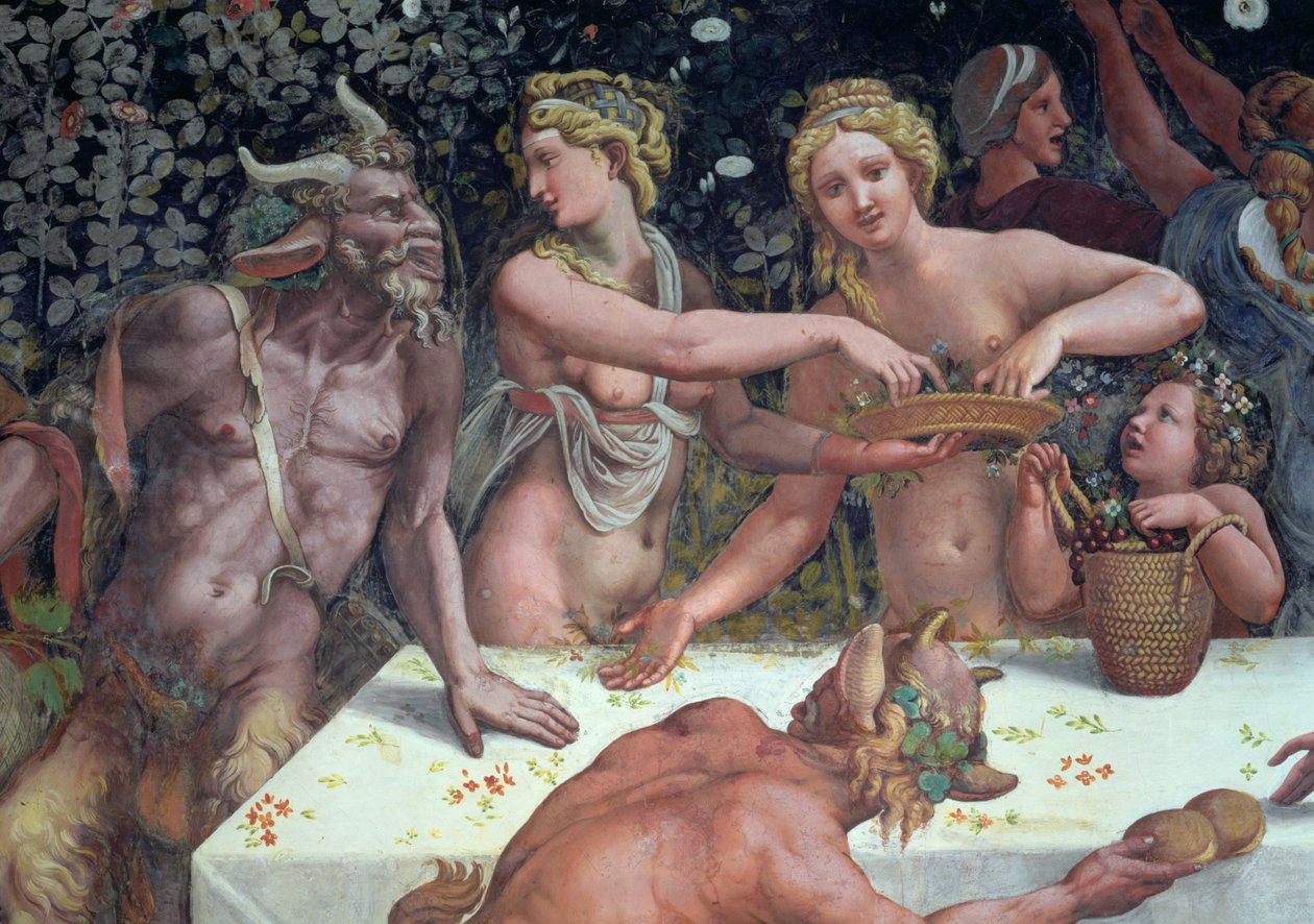 Dva Horae rozptylující květiny, sledované dvěma satyry, detail rustikální hostiny oslavující svatbu Amora a Psyché ze Sala di Amore e Psiche, 1528 detail fresky z 78427 od Giulio Romano