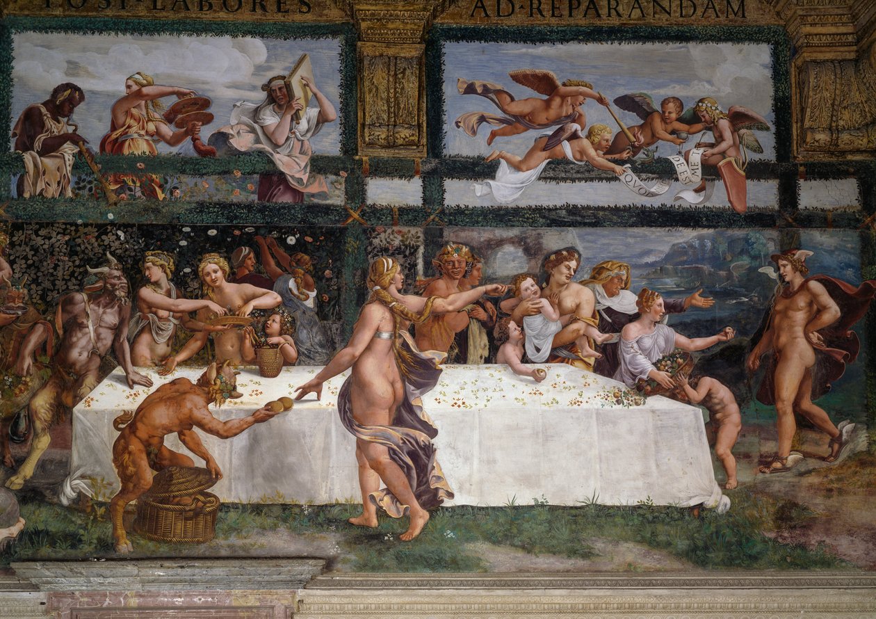 Svatební hostina nebo Banket bohů, freska Giulio Romano (1499-1546), západní stěna komory Amor a Psyché, Palazzo Te, Mantua (Seznam světového dědictví UNESCO, 2008), Lombardie, Itálie od Giulio Romano