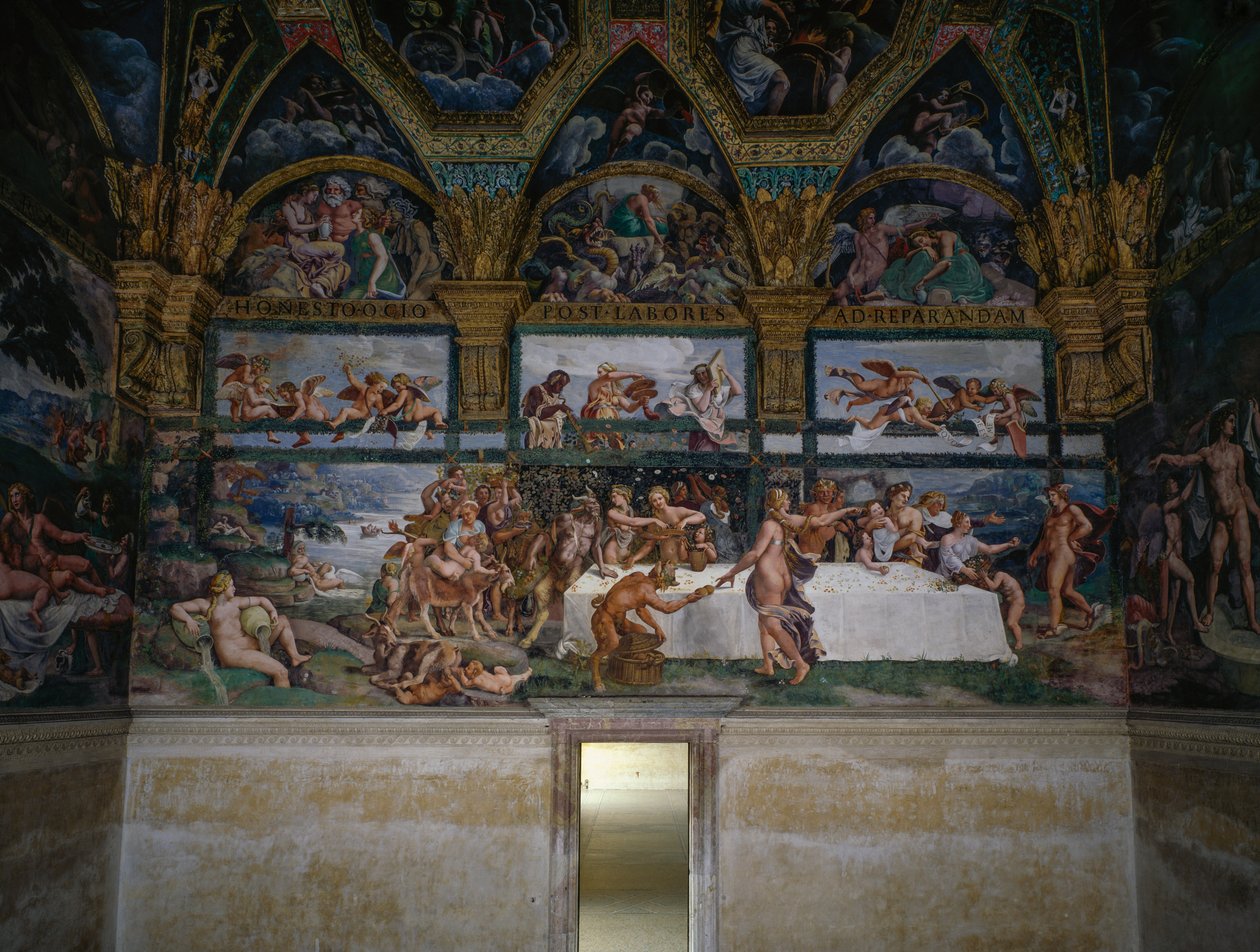 Svatební hostina nebo Banket bohů, freska Giulio Romano (1499-1546), západní stěna komory Amor a Psyché, Palazzo Te, Mantua (Seznam světového dědictví UNESCO, 2008), Lombardie, Itálie od Giulio Romano