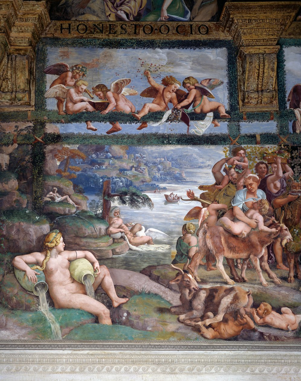 Svatební hostina nebo Banket bohů, freska Giulio Romano (1499-1546), západní stěna komory Amor a Psyché, Palazzo Te, Mantua (Seznam světového dědictví UNESCO, 2008), Lombardie, Itálie od Giulio Romano