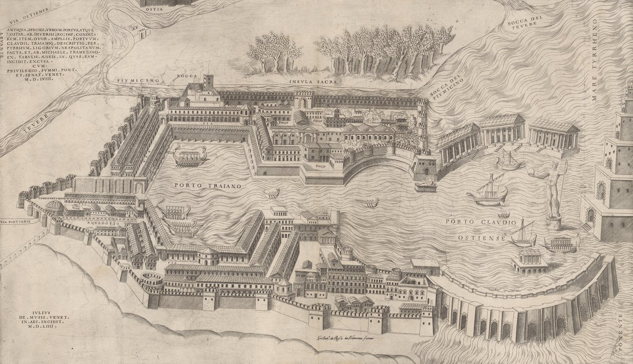 Zrcadlo římské velkoleposti: Pohled z ptačí perspektivy na římský přístav, 1554., 1554. od Giulio de Musi