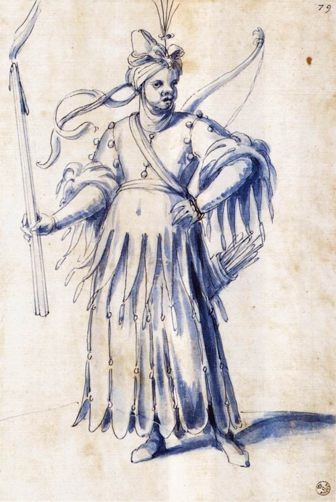 Kostýmová kresba pro ženskou postavu s pochodní od Giuseppe Arcimboldo