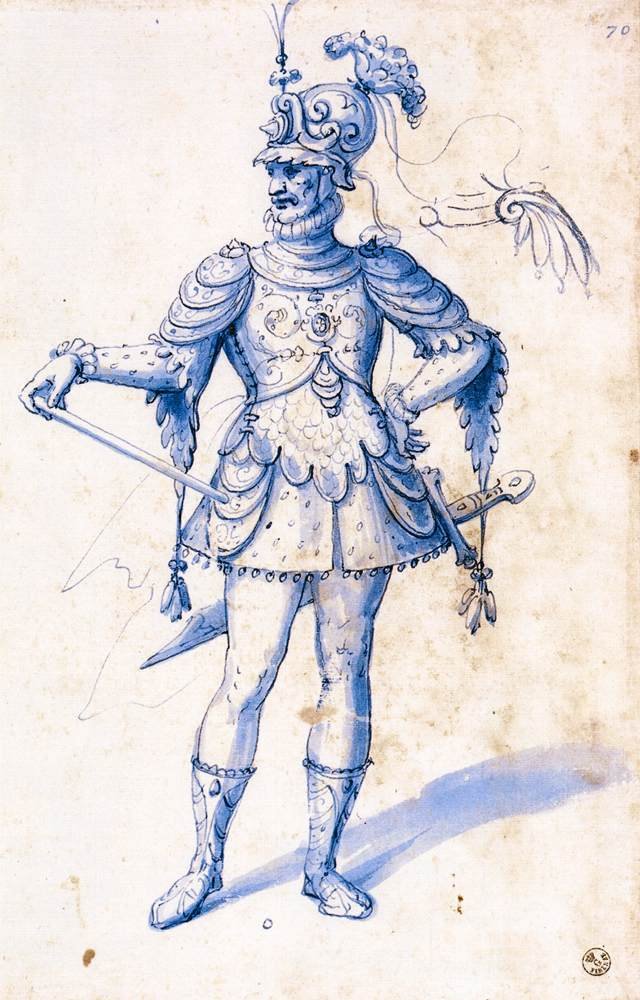 Kresba kostýmu pro rytíře od Giuseppe Arcimboldo