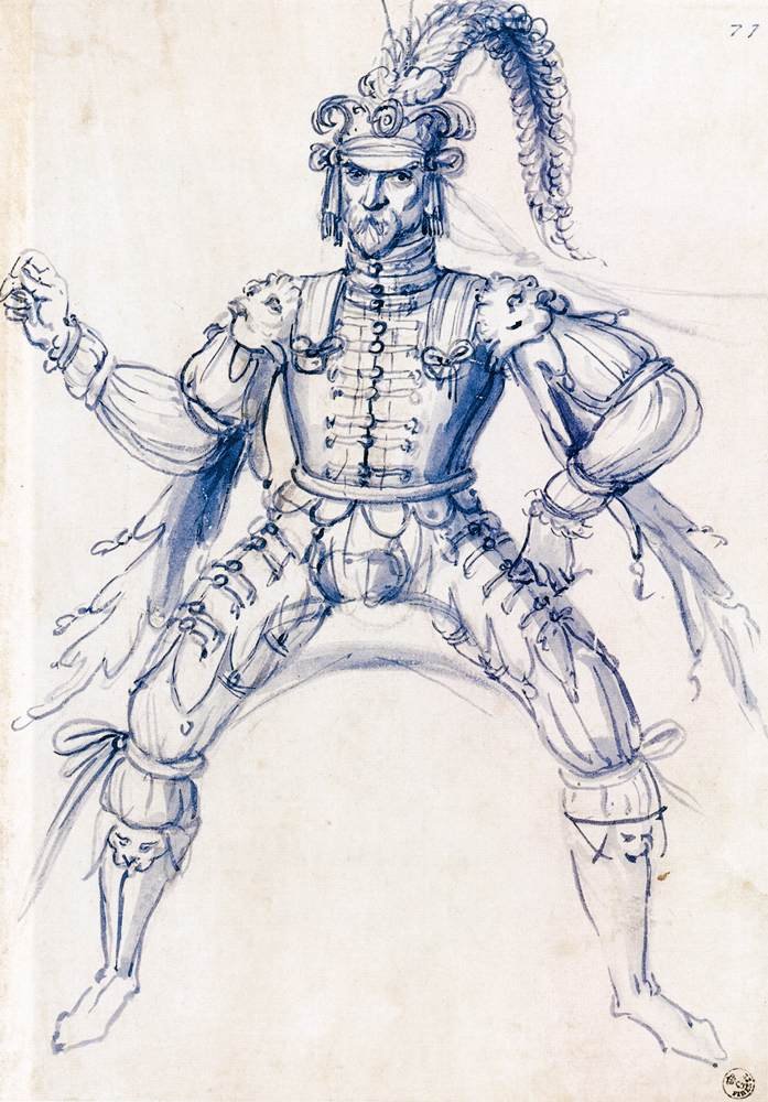 Kresba kostýmů pro rytíře na koni od Giuseppe Arcimboldo