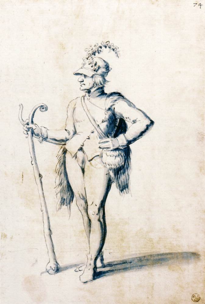 Kostýmová kresba pro mužskou postavu s holí od Giuseppe Arcimboldo