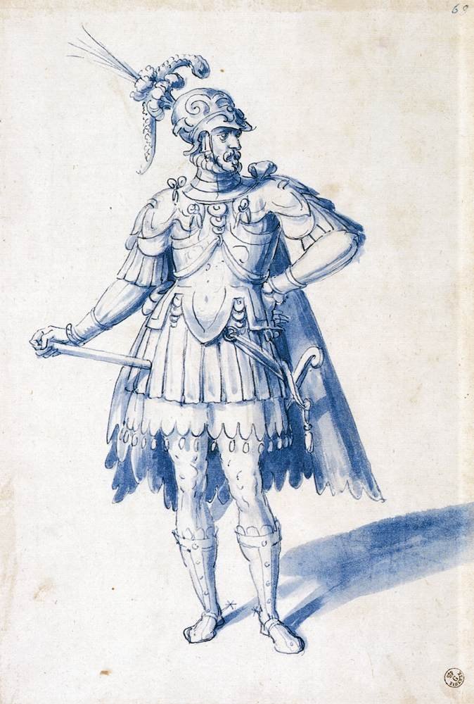 Kostýmová kresba pro muže ve zbrani od Giuseppe Arcimboldo