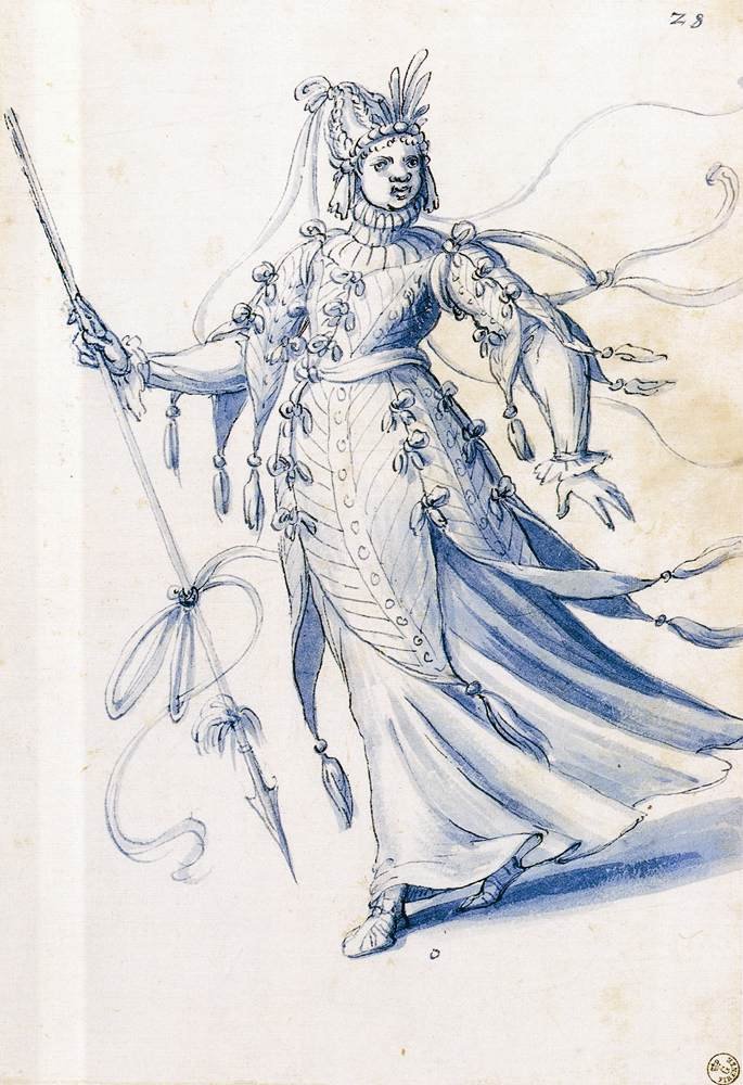 Kostýmová kresba ženy nesoucí kopí od Giuseppe Arcimboldo
