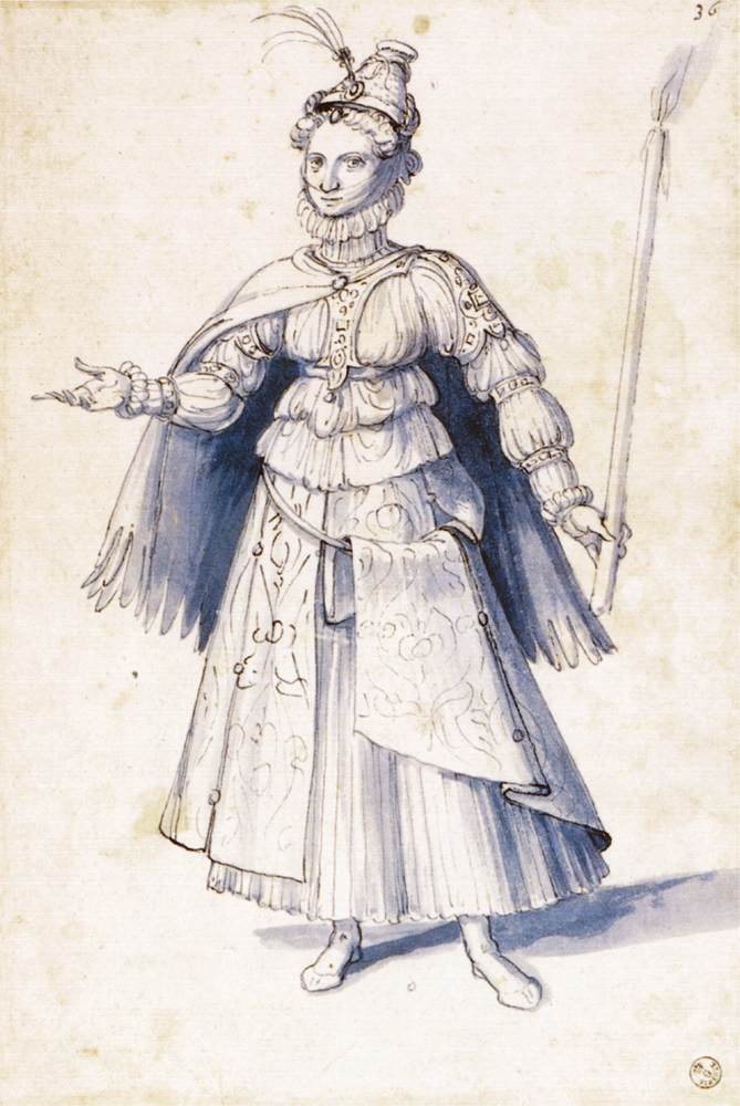 Kostýmová kresba ženy nesoucí pochodeň od Giuseppe Arcimboldo