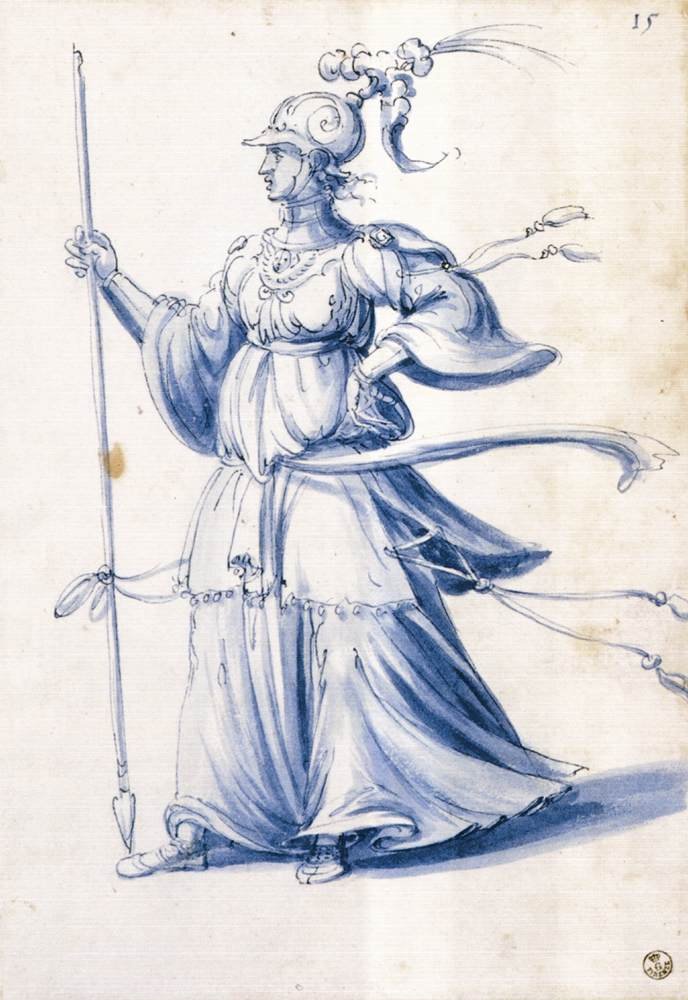 Kostýmová kresba ženy s kopím od Giuseppe Arcimboldo