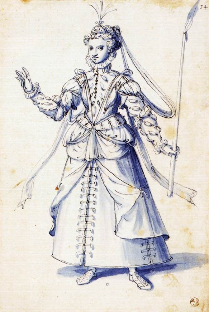 Kostýmová kresba ženy s pochodní od Giuseppe Arcimboldo