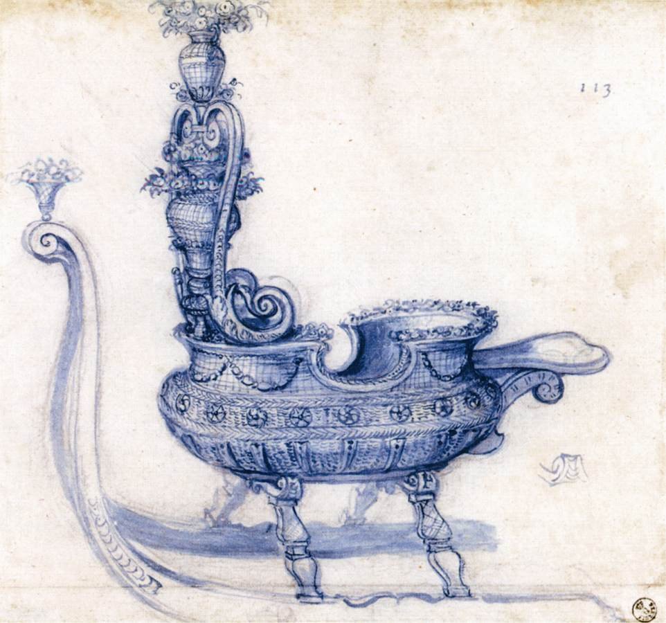 Skica pro sáně ve tvaru košíku květin od Giuseppe Arcimboldo