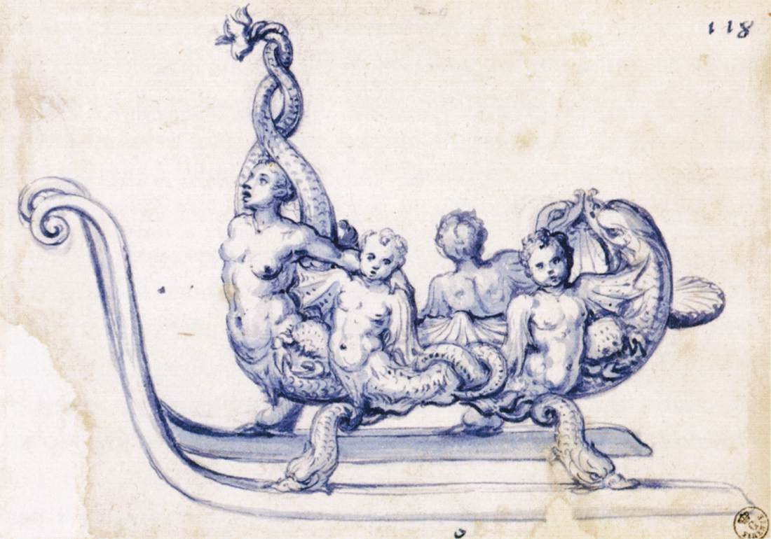 Skica pro sáně se sirénou od Giuseppe Arcimboldo