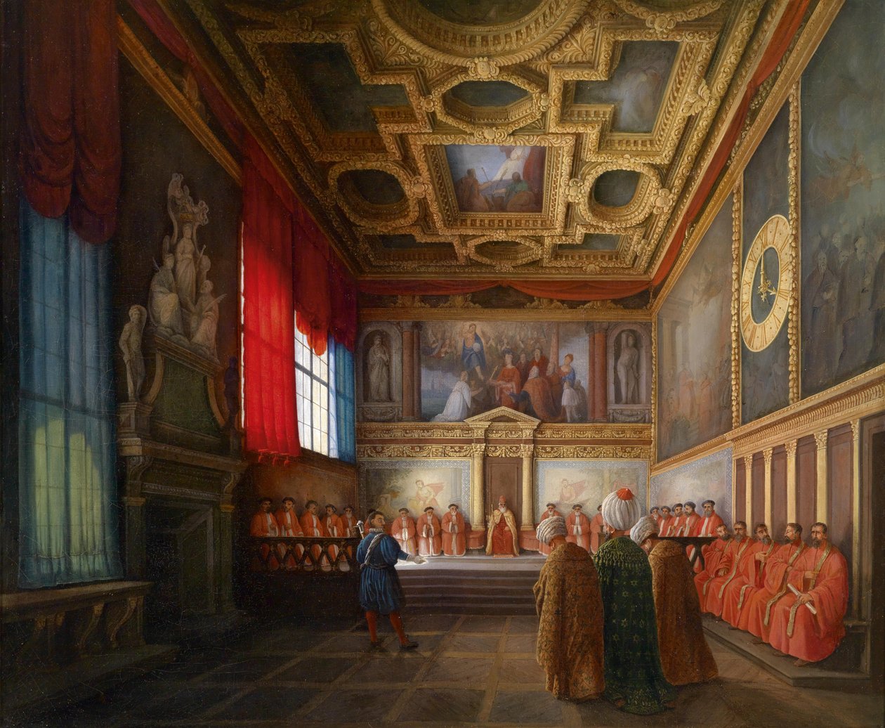 Přijetí osmanského velvyslanectví u benátského dóžete v Sala del Collegio v Dóžecím paláci od Giuseppe Bernardino Bison