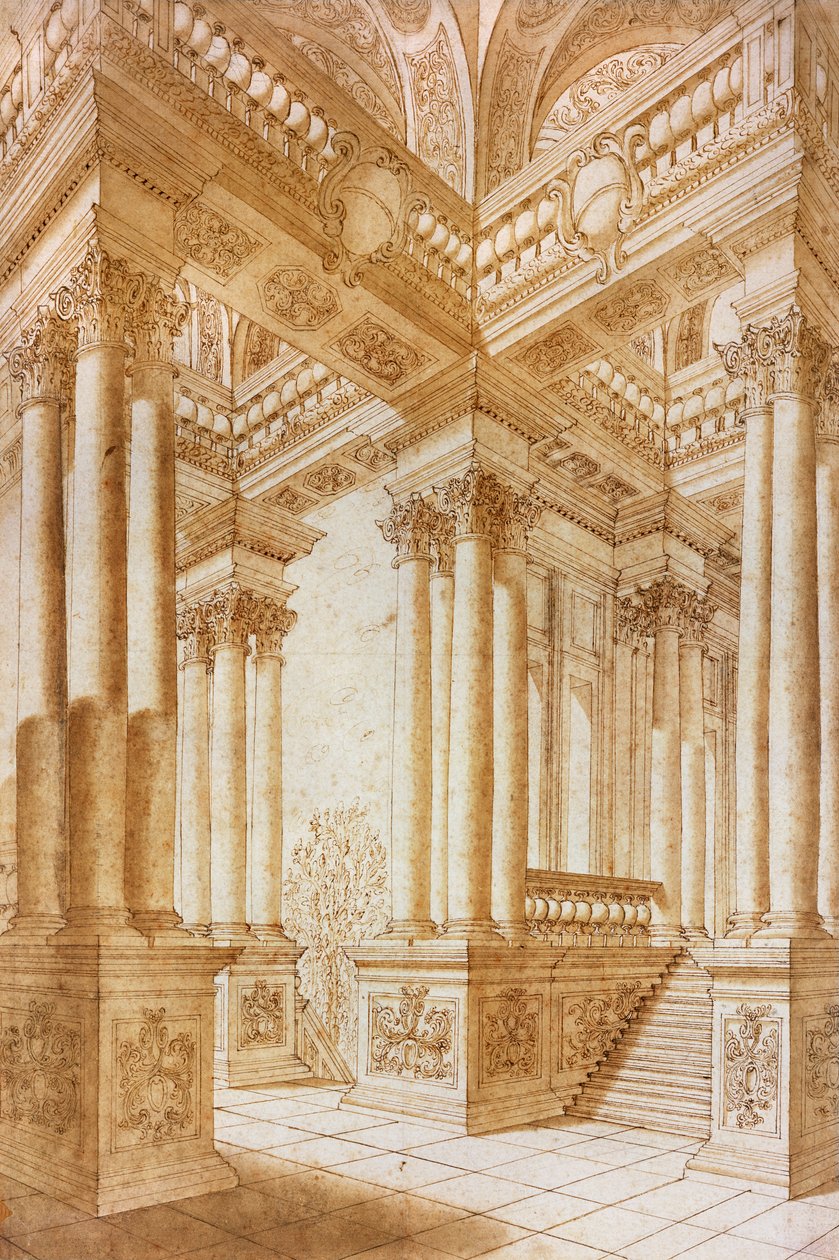 Architektonická studie (pero a hnědý inkoust s hnědým praním na papíře) od Giuseppe Bibiena