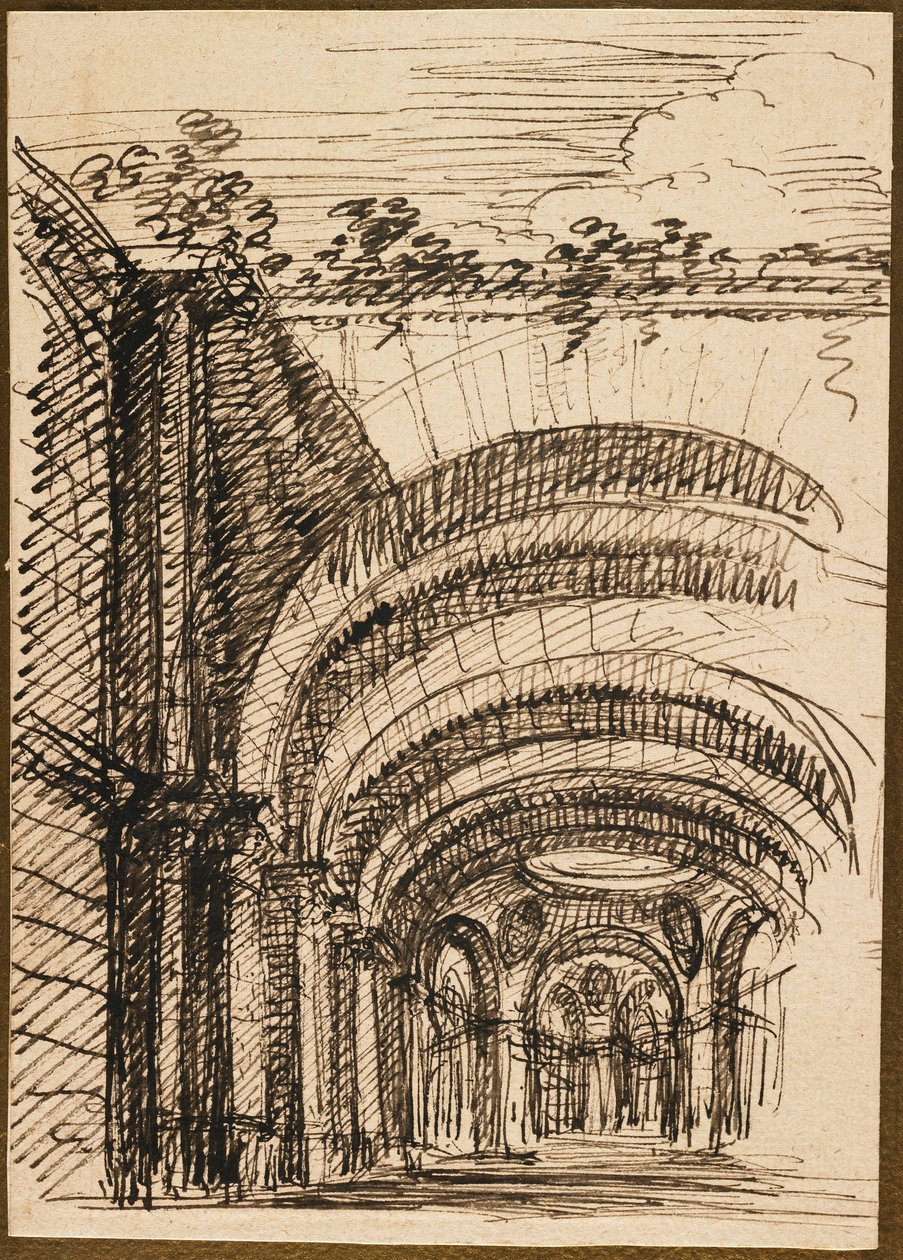 Architectural Fantasy (pero a hnědý inkoust na papíře) od Giuseppe Valeriani