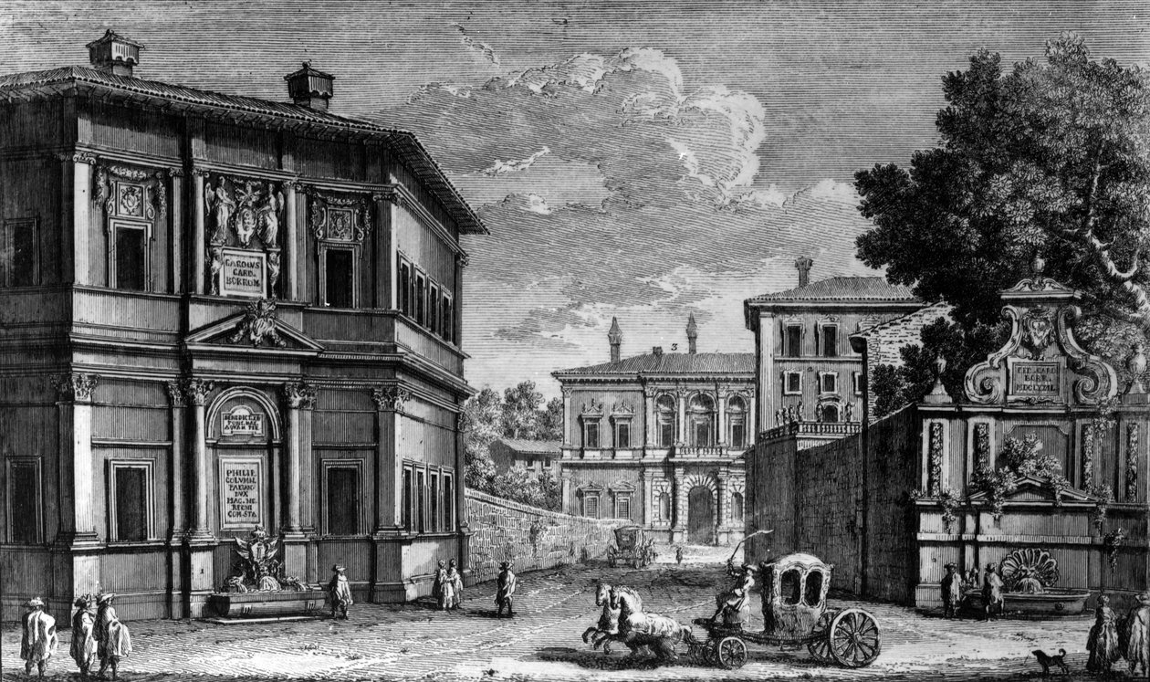 Pohled na Casino della Vigna a Villa Giulia za ním, kolem roku 1761 (lept) od Giuseppe Vasi