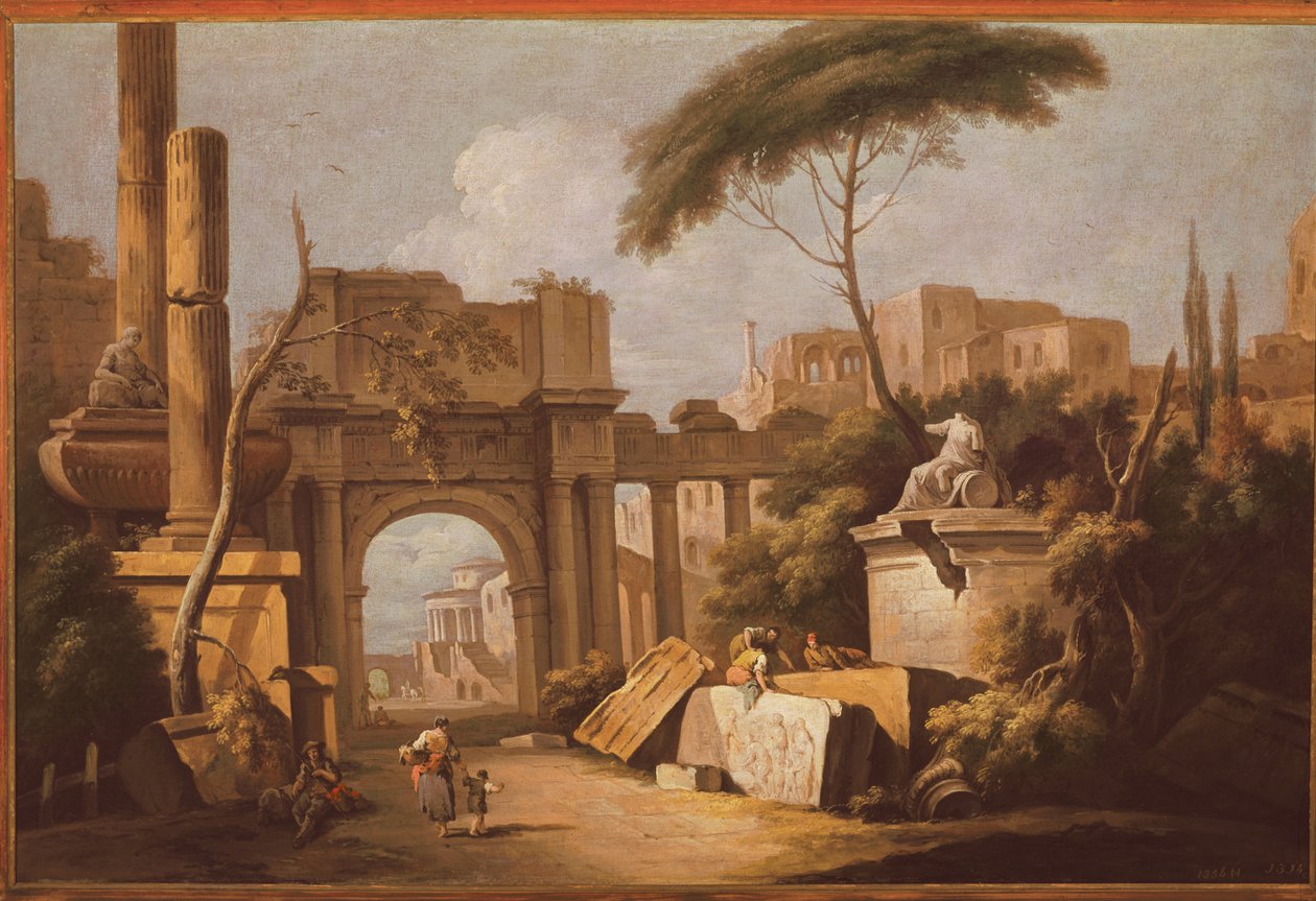 Starověké ruiny s velkým obloukem a sloupem, kolem 1735-40 od Giuseppe Zais