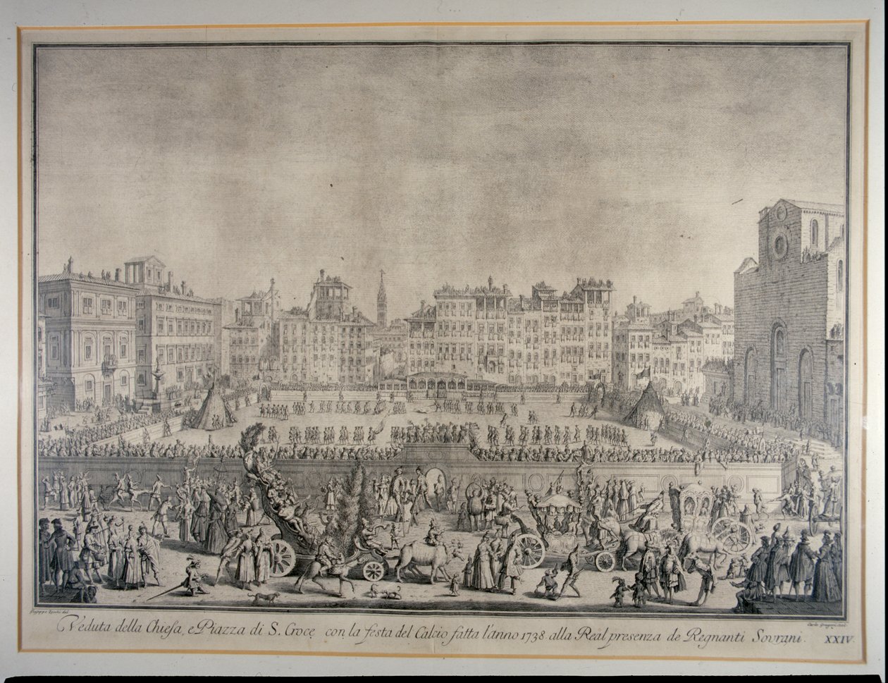 Fotbalový festival na náměstí Piazza Santa Croce, vyrytý Carlo Gregori (1719-59) 1738 od Giuseppe Zocchi
