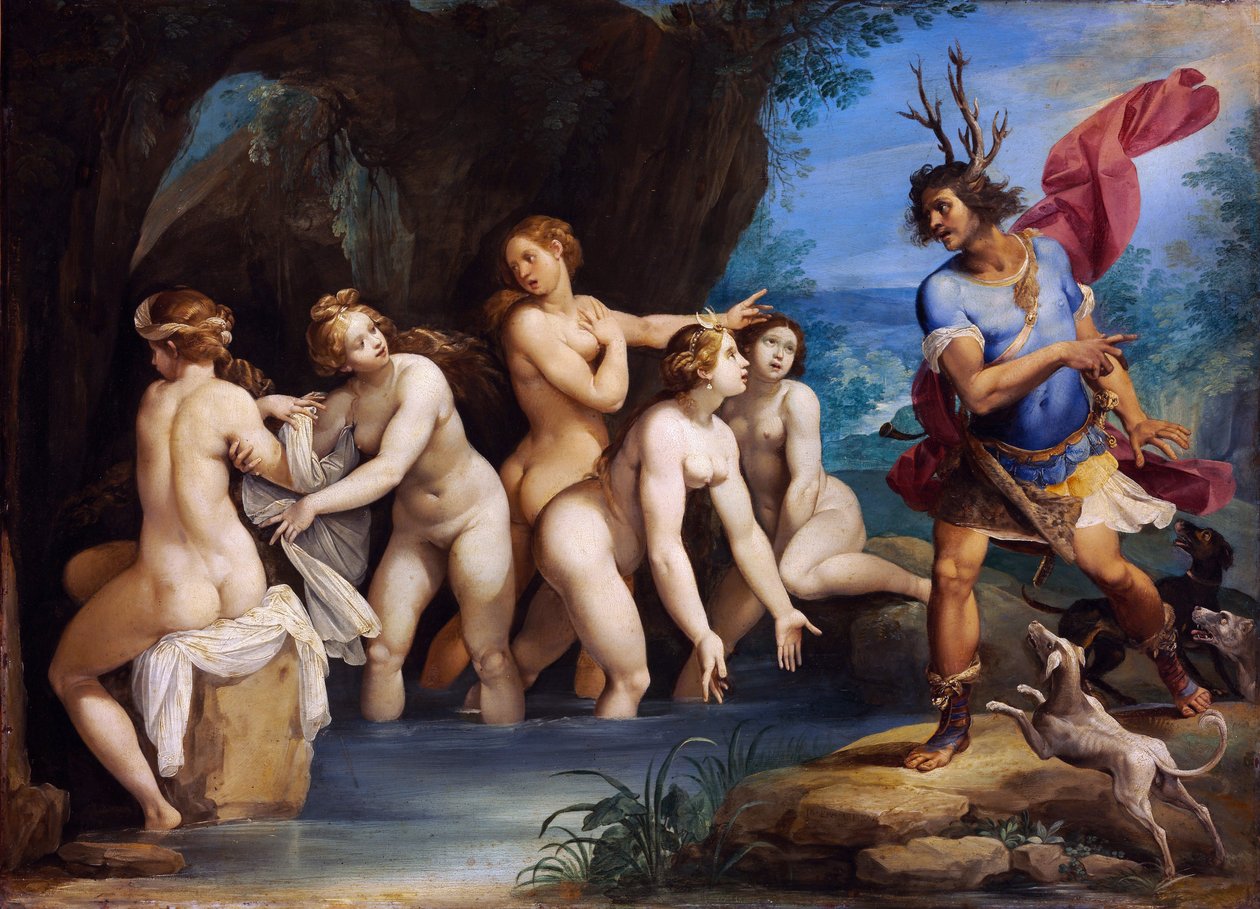 Diana a Actaeon - Obraz Giuseppe Cesari (1568-1640), olej na mědi, kolem 1604, 50x69 cm - Diana a Actaeon, Olej na mědi od Giuseppe Cesariho - Szepmuveszeti Muzeum, Budapešť od Giuseppe Cesari